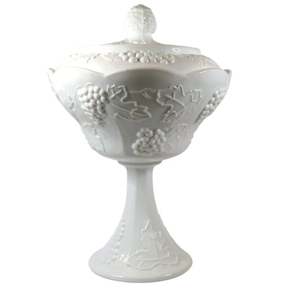 Colony Harvest Milk Glass Compote with Lid - Vintage Mid-Century Wedding Bowl - Picture 1 of 6